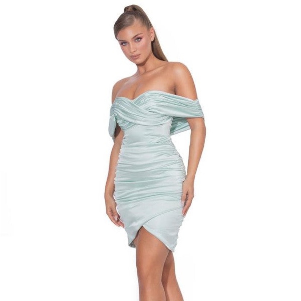MINT SATIN OFF SHOULDER RUCHED DRESS - Picture 5 of 7